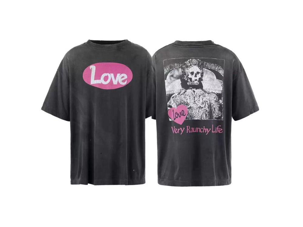 Saint Michael "Love" Oval & Skeleton Graphic Vintage T-Shirt - Black