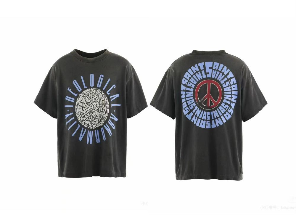 Saint Michael Peace Sign & Circular Text Vintage T-Shirt - Black