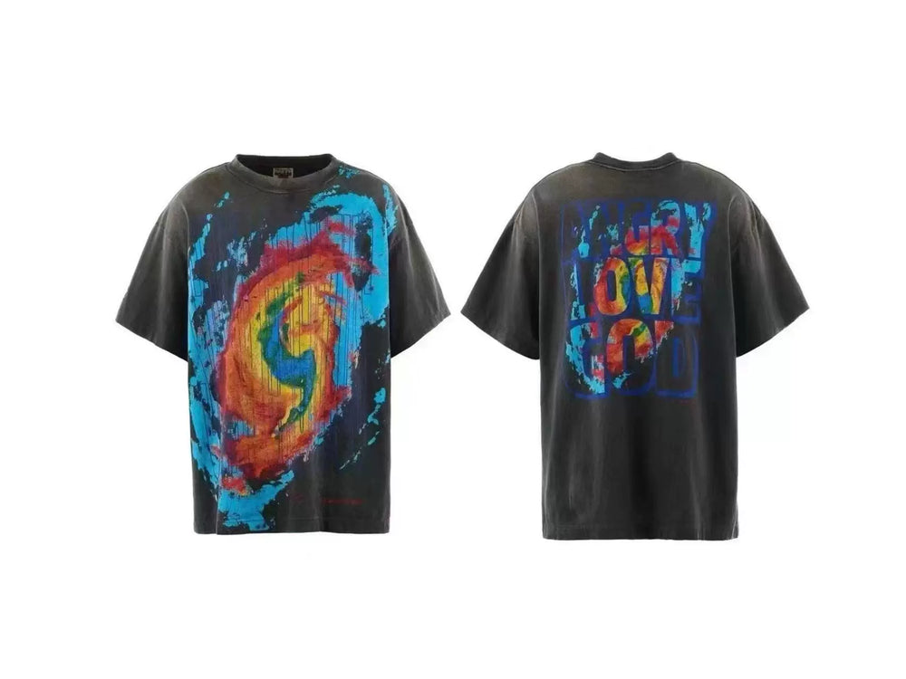 Saint Michael Swirl Paint Graphic Vintage T-Shirt - Black