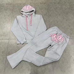 Syna World Graphic Fleece Hoodie Tracksuit Set (Grey / Pink)