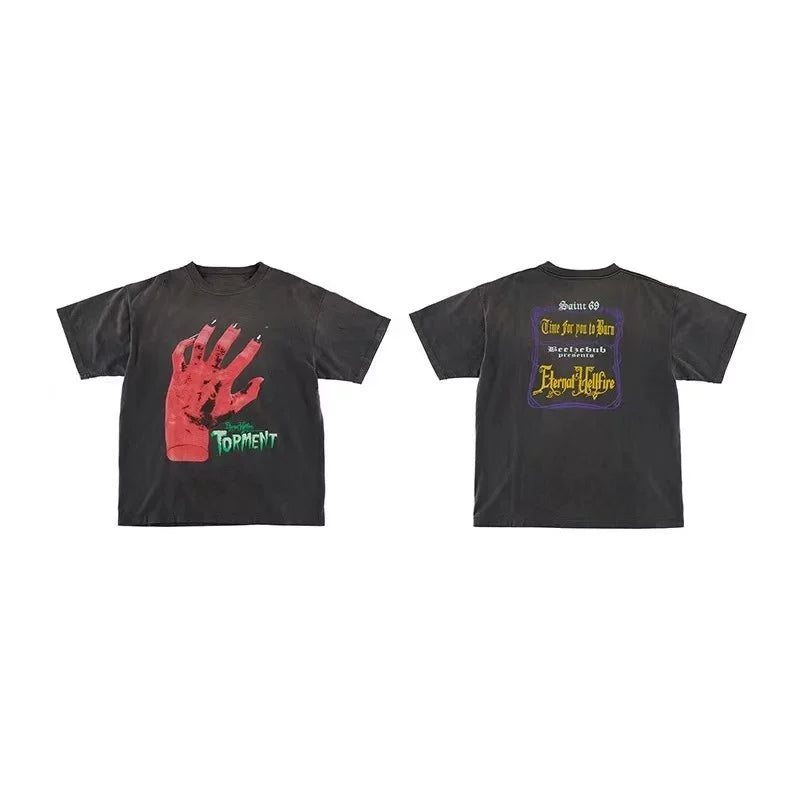 Saint Michael Red Bloody Handprint Vintage T-Shirt - Black