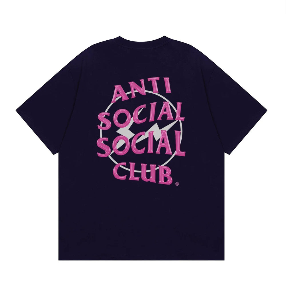 Anti Social Social Club Pink Lightning Circle Logo T-Shirt - Navy Blue