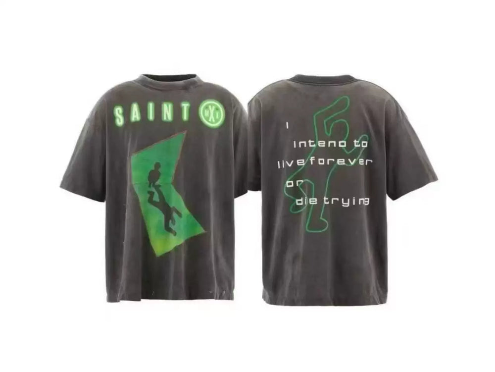 Saint Michael Neon Figure Graphic Vintage T-Shirt - Black/Green