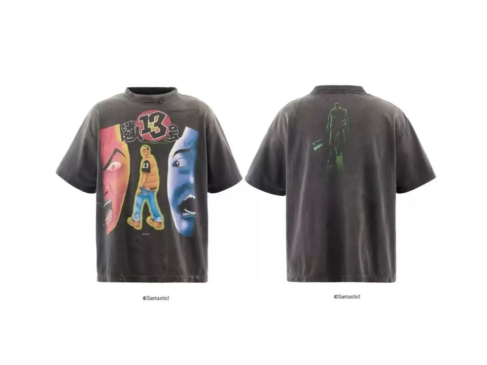 Saint Michael "13" & Multi-Face Graphic Vintage T-Shirt - Black