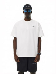 NOAH MARS Henry collar embroidered small logo cross American casual old money style antibacterial cotton short sleeved T-shirt for men