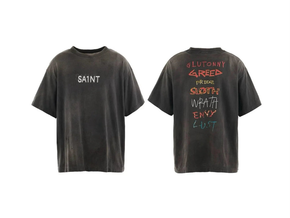 Saint Michael Small Logo & Seven Deadly Sins Vintage T-Shirt - Black