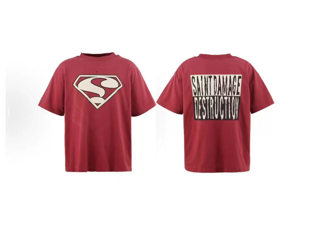 Saint Michael Shield & Damage Destruction Vintage T-Shirt - Burgundy