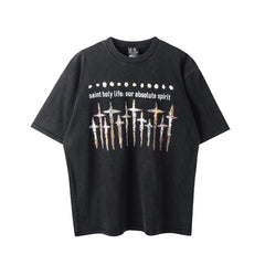 Saint Michael Multi-Cross & "saint holy Life" Vintage T-Shirt - Black