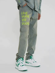 Vlone "Live Vlone Die Vlone" Graphic Denim Jeans - Light Wash/Green