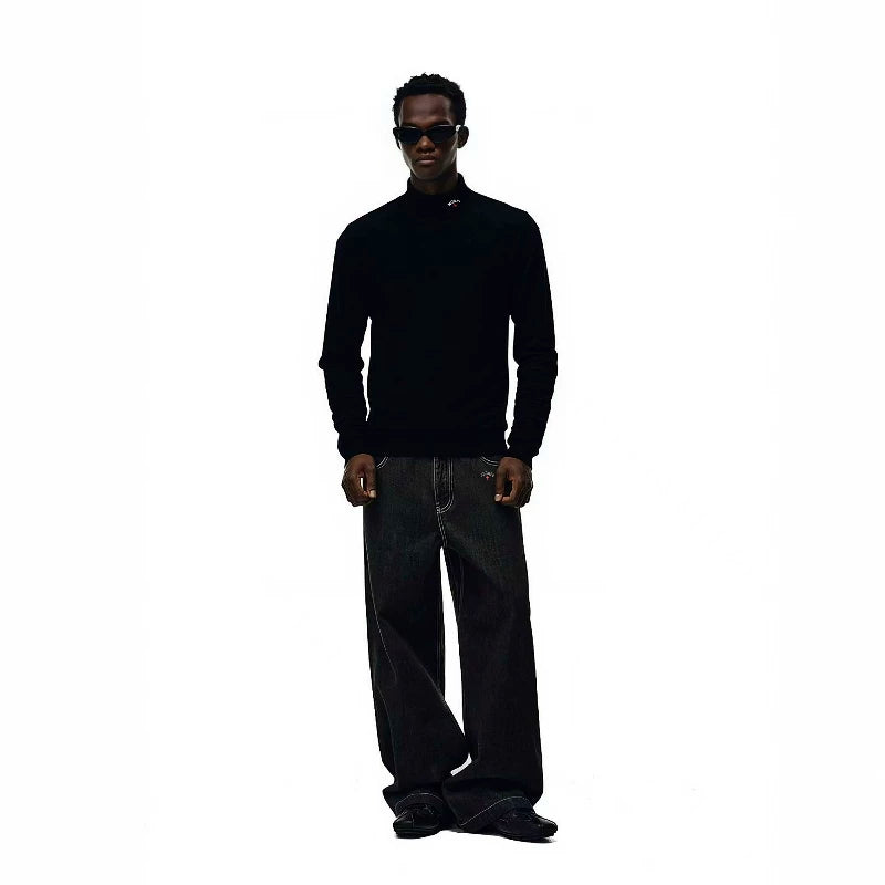 NOAH MARS American casual trendy brand micro high neck embroidered small logo cross base shirt, vintage style long sleeved T-shirt
