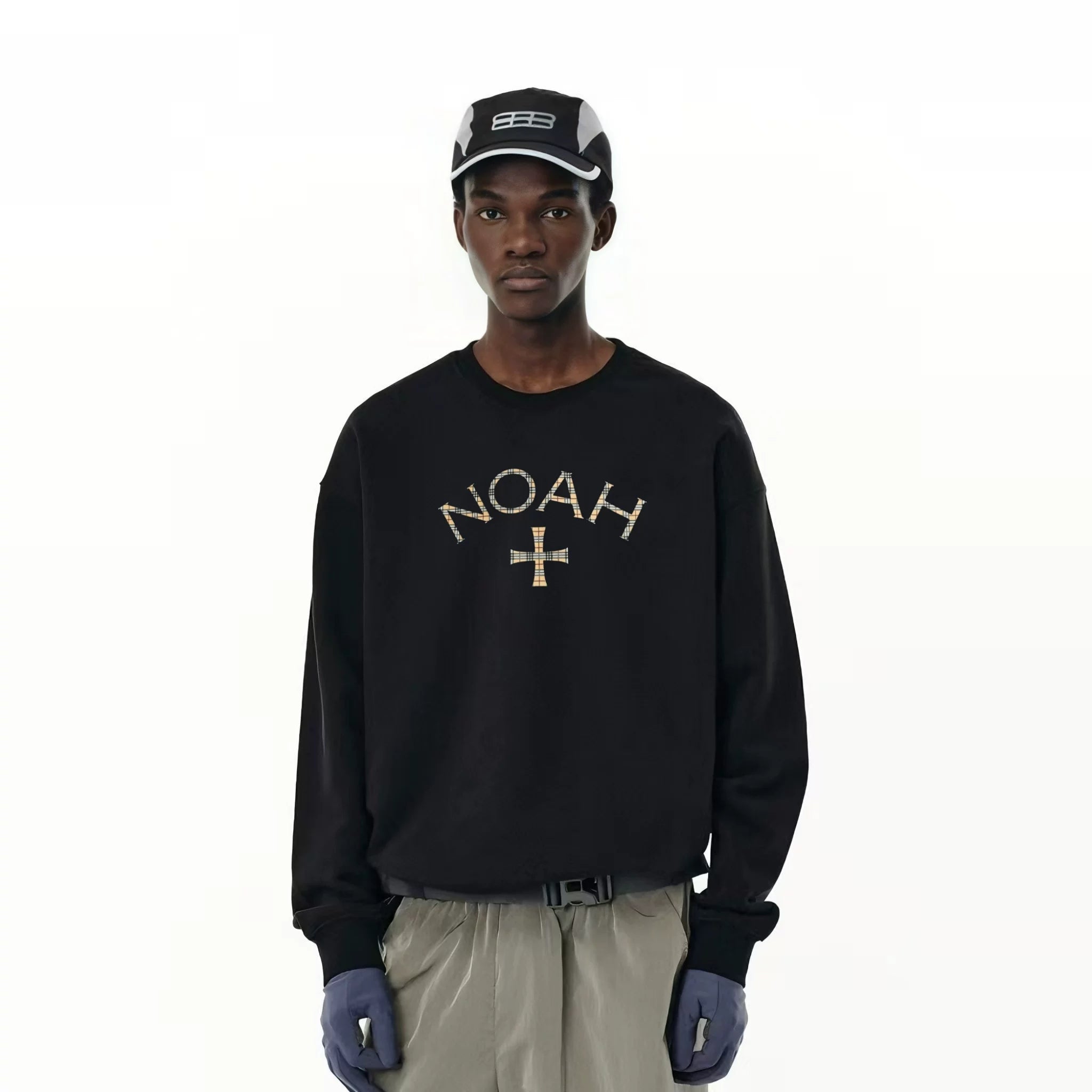 NOAH MARS niche trendy brand checkered cross American casual men's threaded splicing round neck sweatshirt