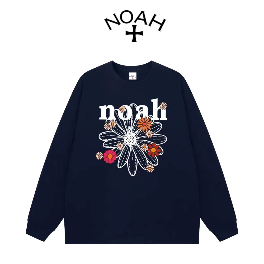 NOAH Spring and Autumn Small Daisy Letter Printed Round Neck Long Sleeve T-shirt for Men and Women, American Couple, Pure Cotton Loose Top