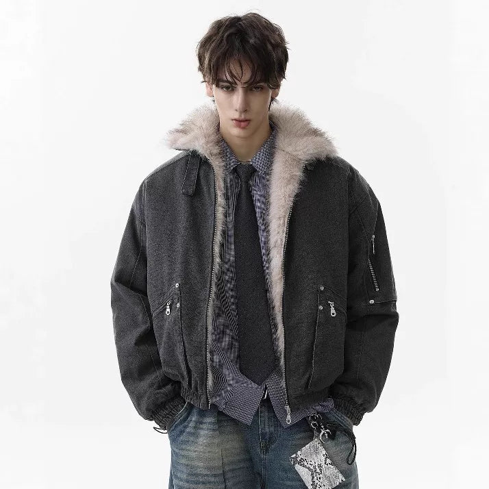 NOAH MARS American casual old money style stand up collar winter warm cotton coat seat mountain carved fur collar jacket cotton coat men