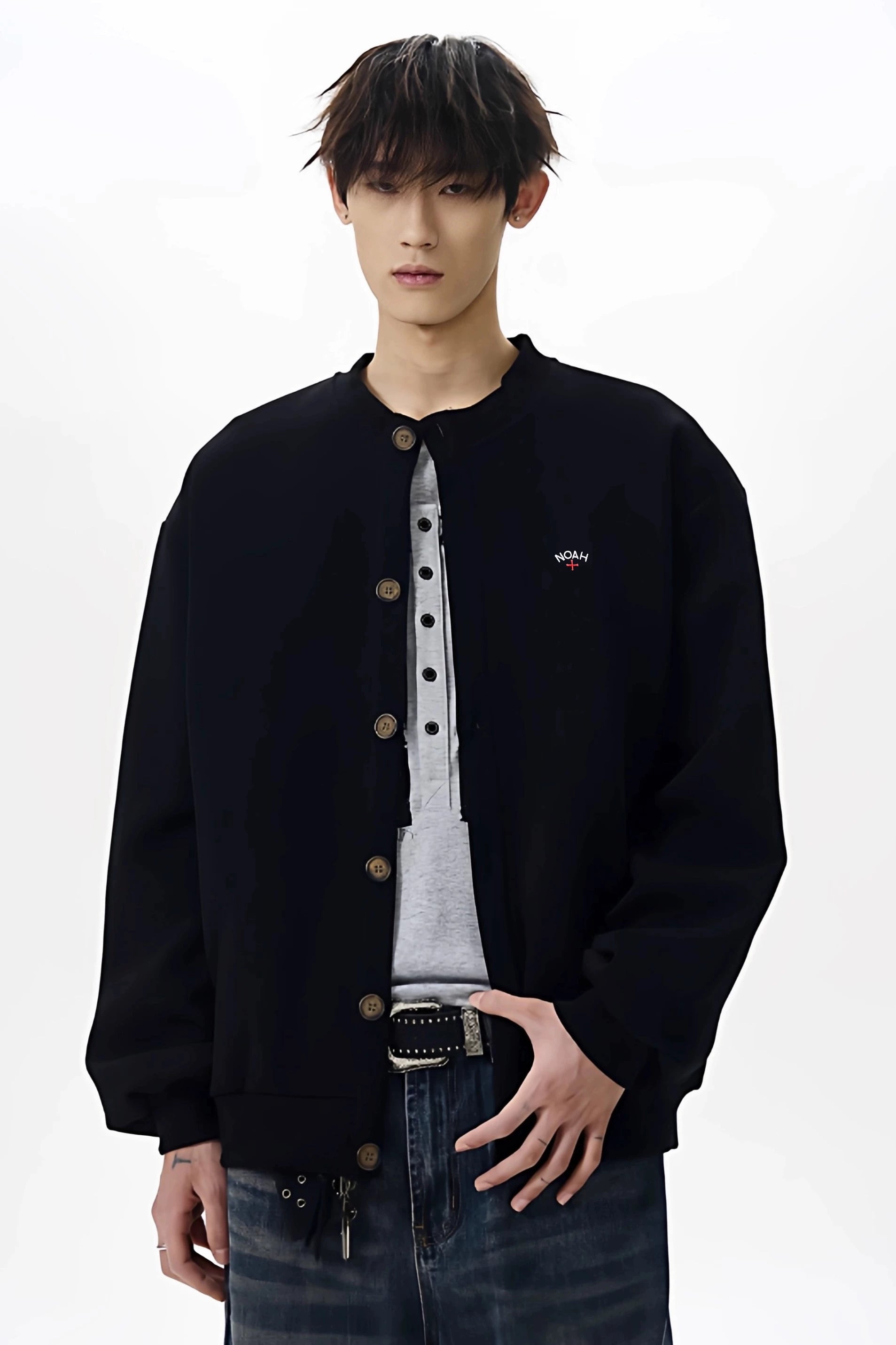 NOAH MARS American casual trendy brand small logo embroidered cross short wide cardigan sweatshirt, high-end jacket for men