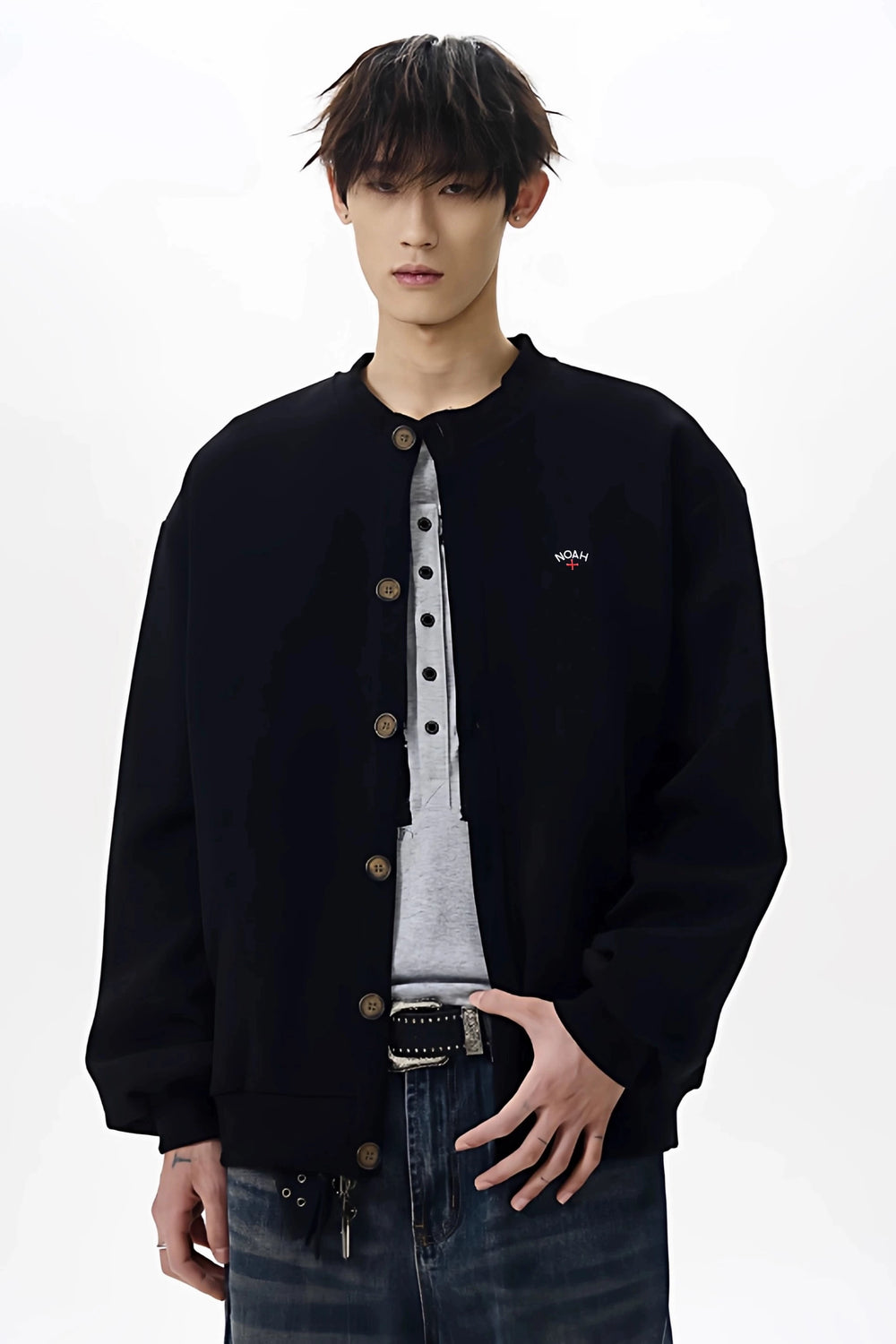 NOAH MARS American casual trendy brand small logo embroidered cross short wide cardigan sweatshirt, high-end jacket for men