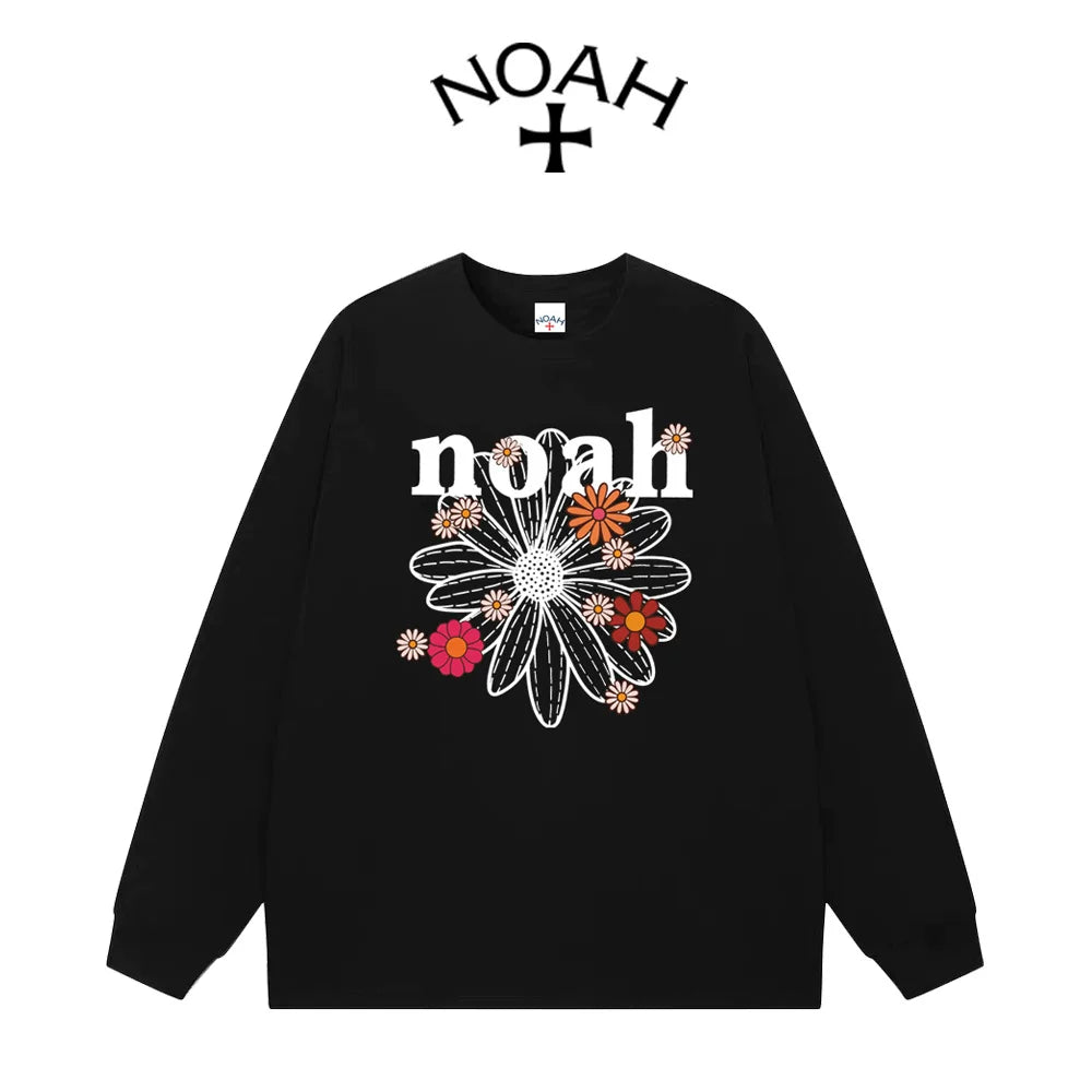 NOAH Spring and Autumn Small Daisy Letter Printed Round Neck Long Sleeve T-shirt for Men and Women, American Couple, Pure Cotton Loose Top