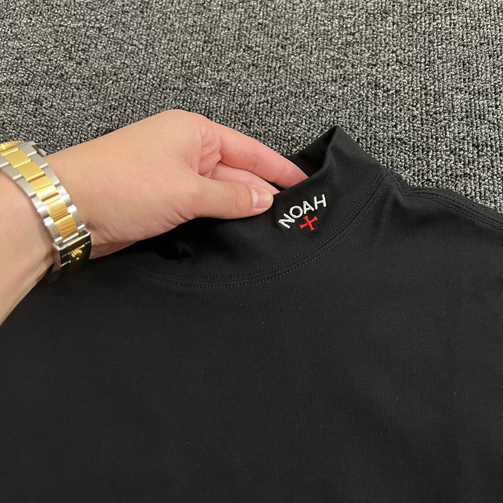 NOAH MARS American casual trendy brand micro high neck embroidered small logo cross base shirt, vintage style long sleeved T-shirt