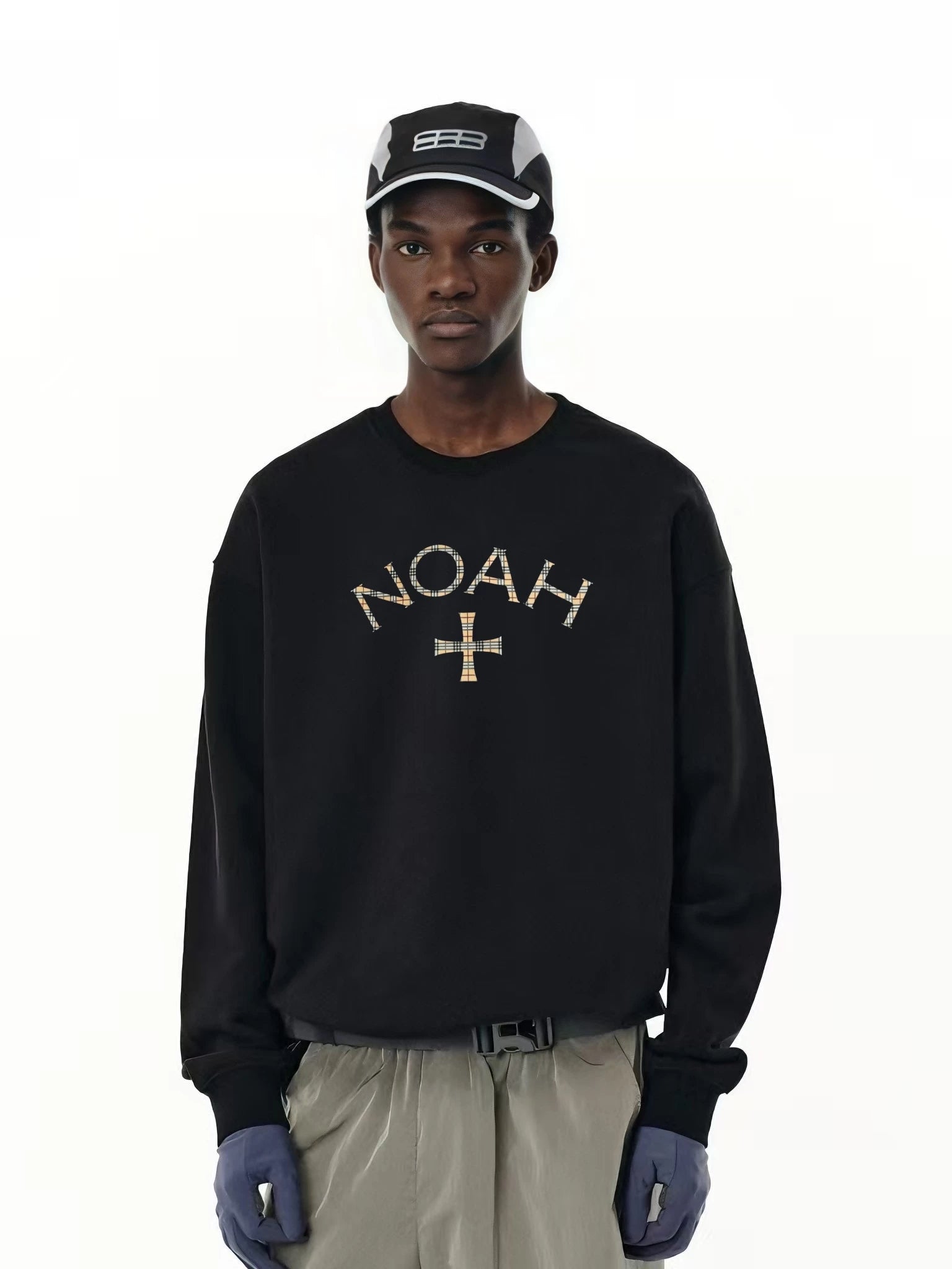 NOAH MARS niche trendy brand checkered cross American casual thread splicing trendy heavyweight round neck sweatshirt