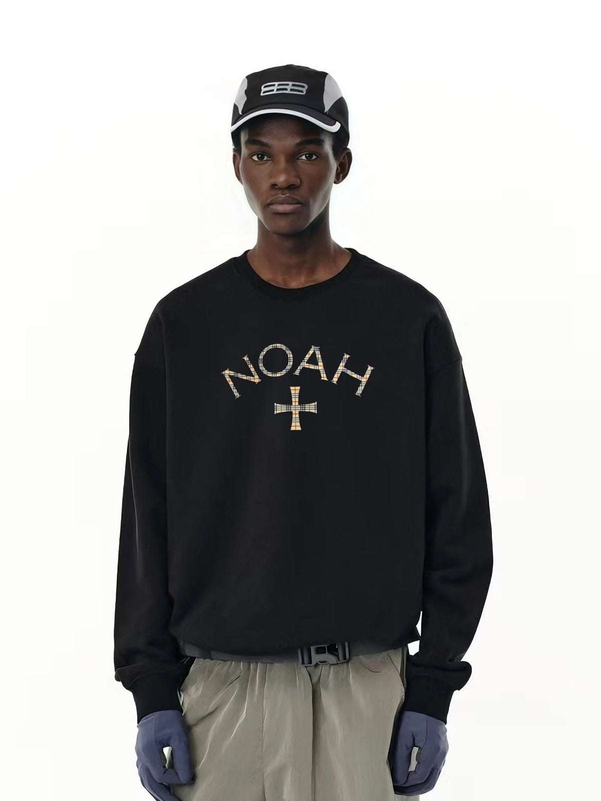NOAH MARS niche trendy brand checkered cross American casual thread splicing trendy heavyweight round neck sweatshirt