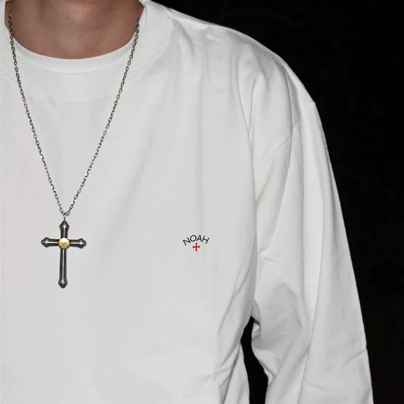 NOAH BWCJ European and American trendy brand loose cross print long sleeved T-shirt for men and women, heavy-duty pure cotton couple base shirt