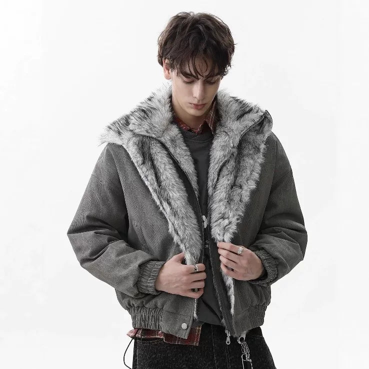 NOAH MARS American casual winter warm double-layer lapel fur collar with velvet seat mountain carving old money style cotton jacket for men