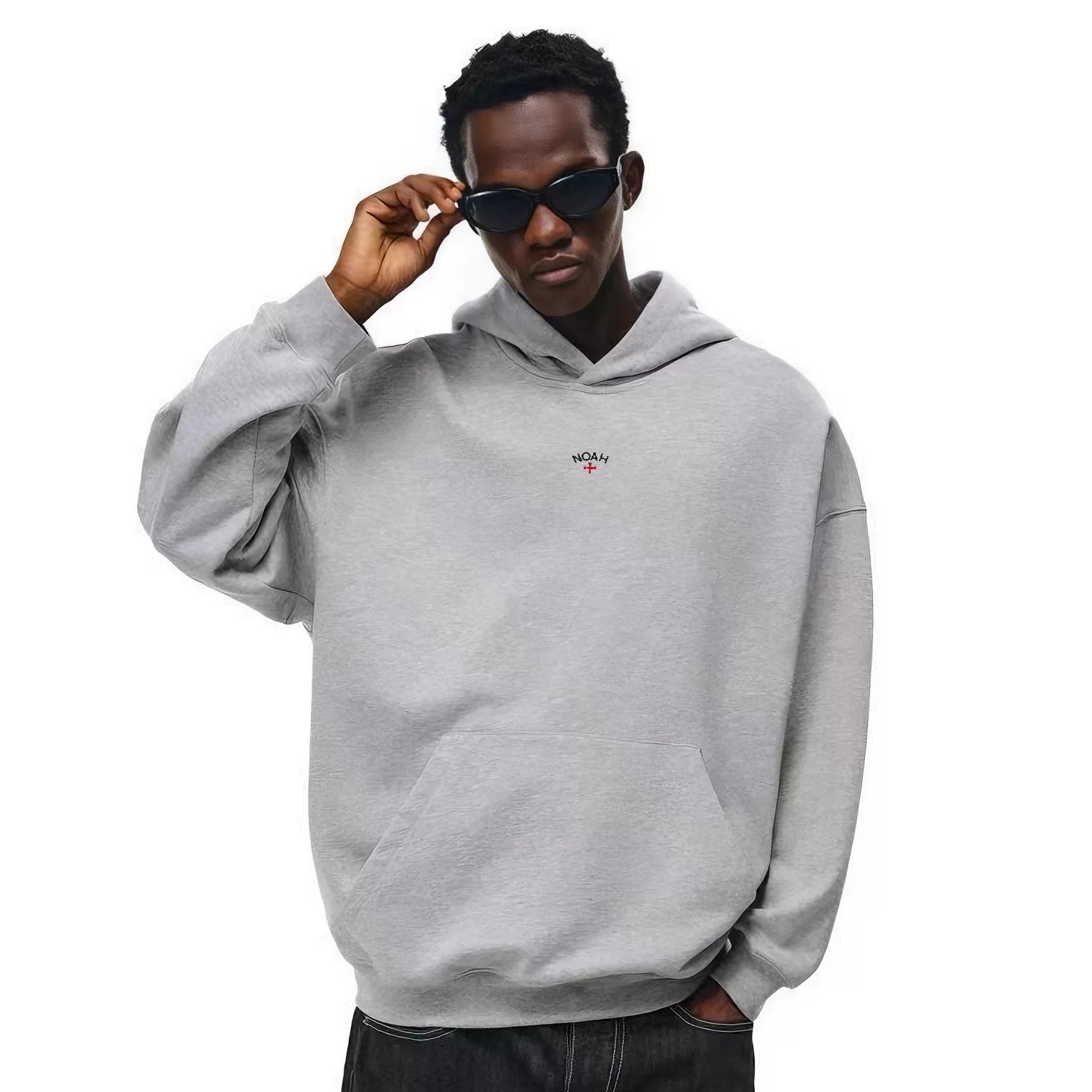 NOAH MARS niche trendy brand chest badge embroidered cross American casual thread splicing hooded sweatshirt