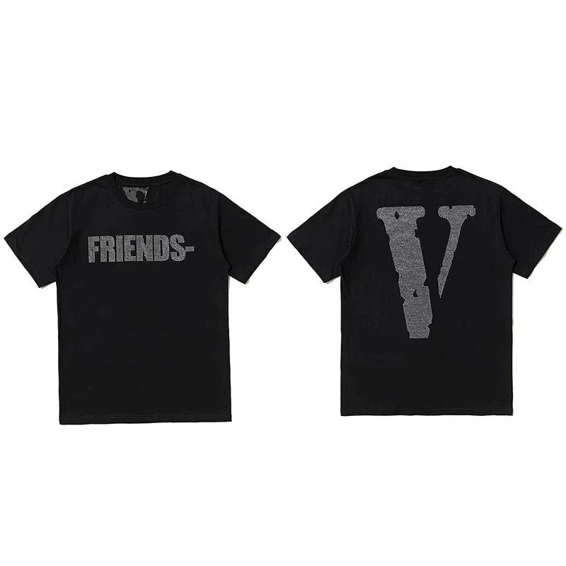 Vlone All-Over Text Grid "FRIENDS-" Graphic T-Shirt - Black