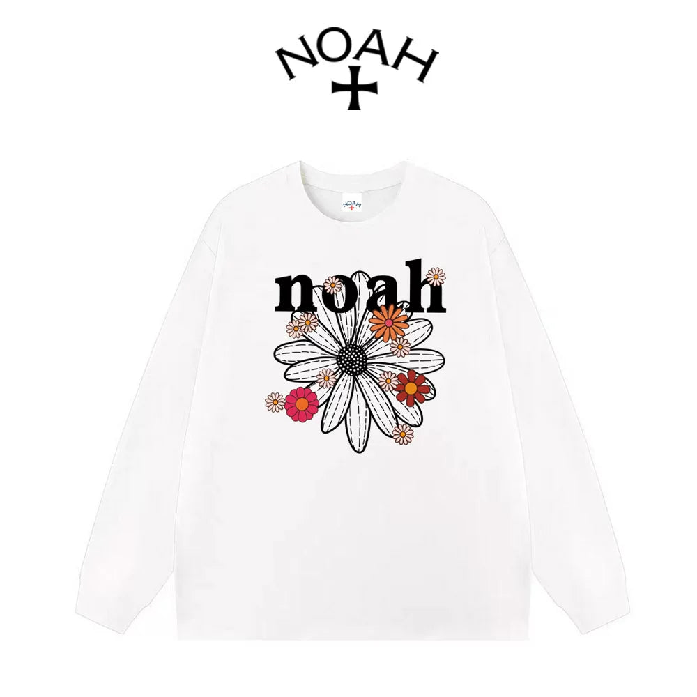NOAH Spring and Autumn Small Daisy Letter Printed Round Neck Long Sleeve T-shirt for Men and Women, American Couple, Pure Cotton Loose Top