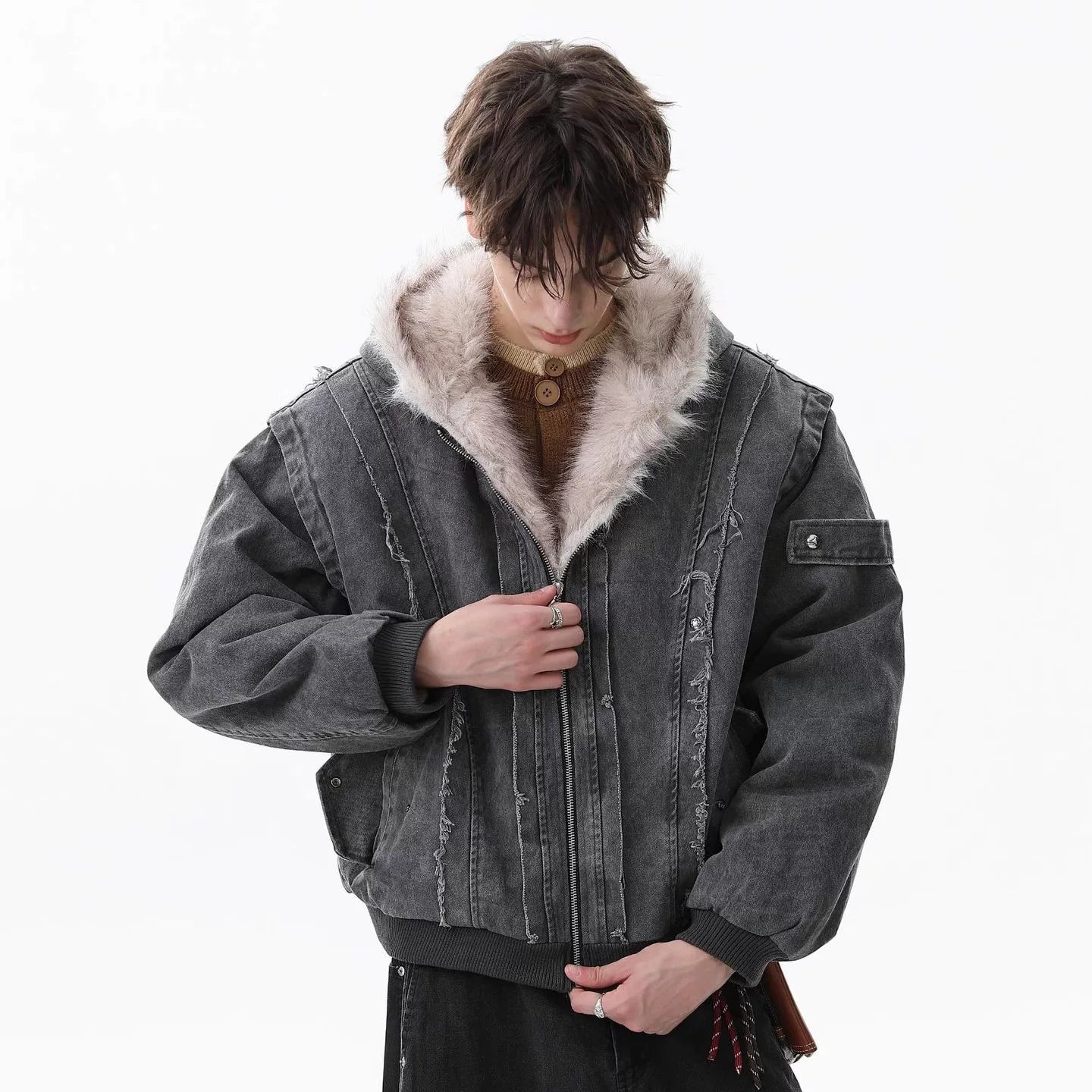 NOAH MARS American casual old money style winter warm cotton jacket with mountain carving and velvet short hooded cotton jacket for men