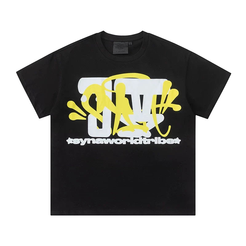Syna World Vintage Oversized Graffiti Logo Graphic Tee (Black / Yellow)