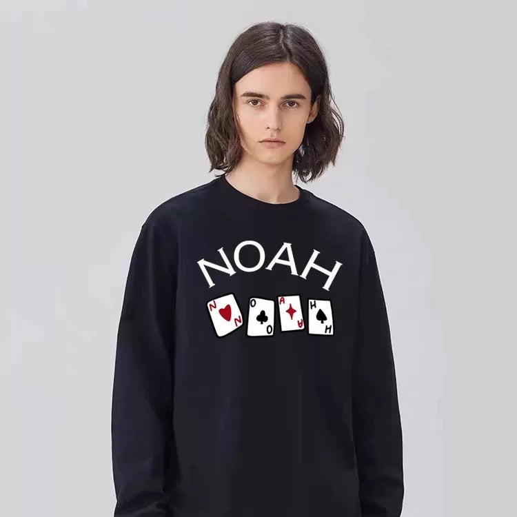 NOAH春秋美式潮牌黑色扑克印花休闲宽松男士重磅全棉长袖T恤情侣
