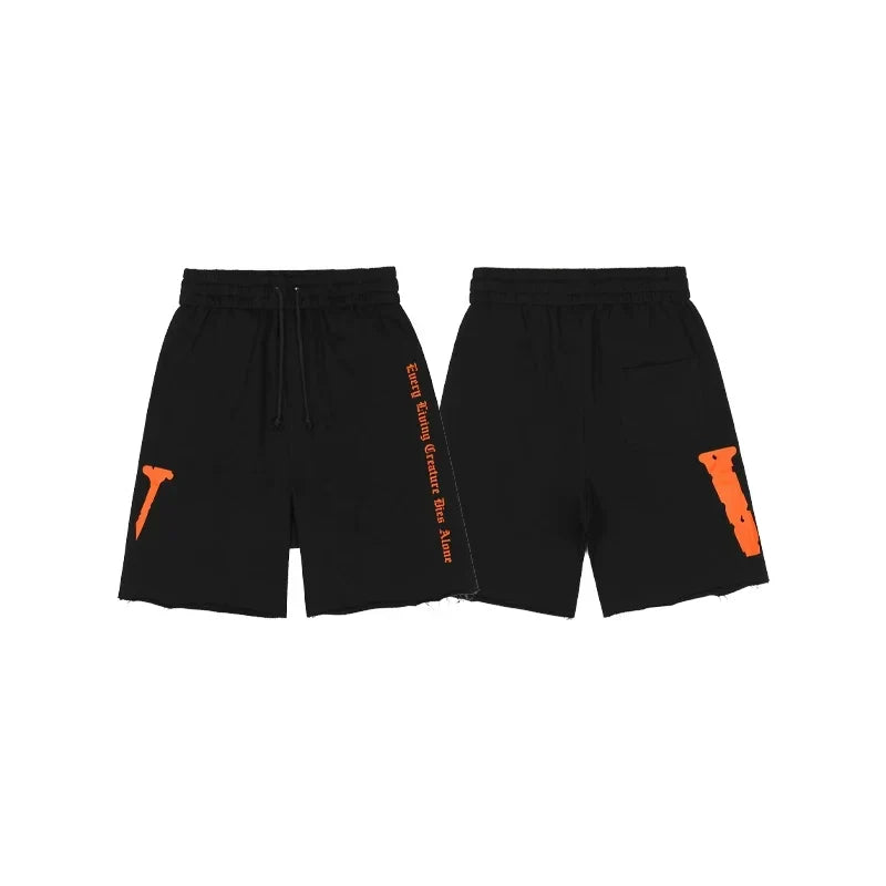 Vlone Side-Print Graphic Sweatshorts - Black/Orange