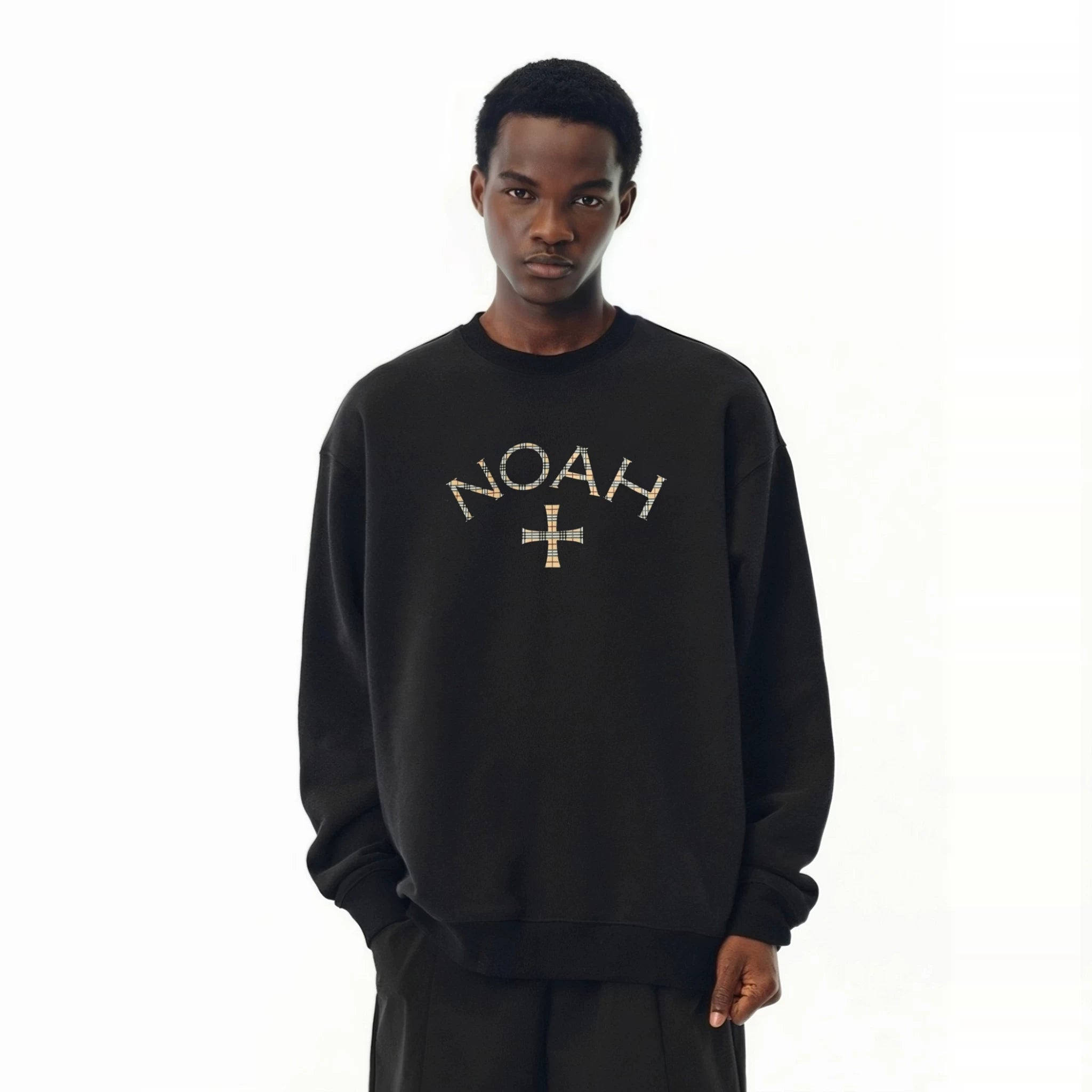 NOAH MARS niche trendy brand checkered cross American casual men's threaded splicing round neck sweatshirt