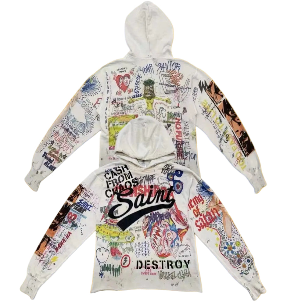 Saint Michael All-Over Graffiti Print "SAINT" Hoodie - Off-White
