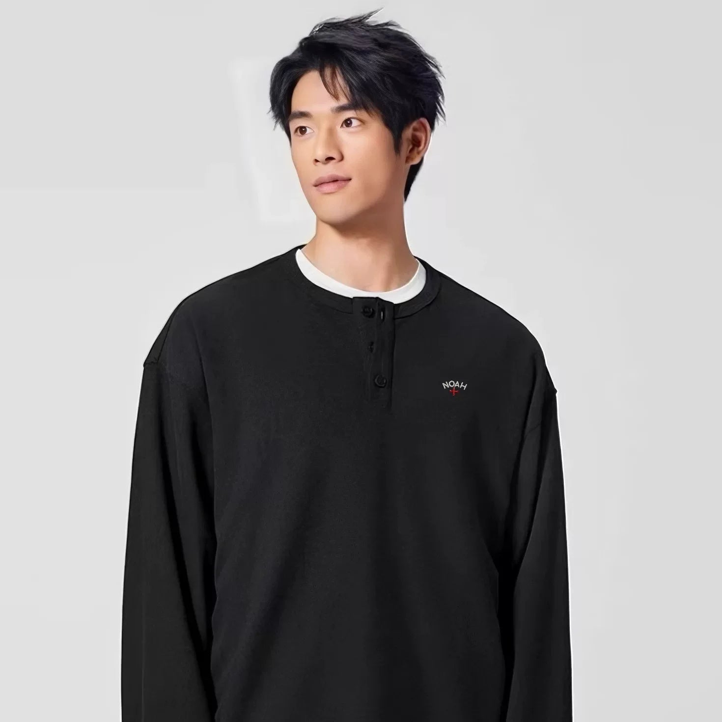 NOAH MARS American casual embroidery small logo cross, new and old money style versatile Henry collar long sleeved T-shirt for men