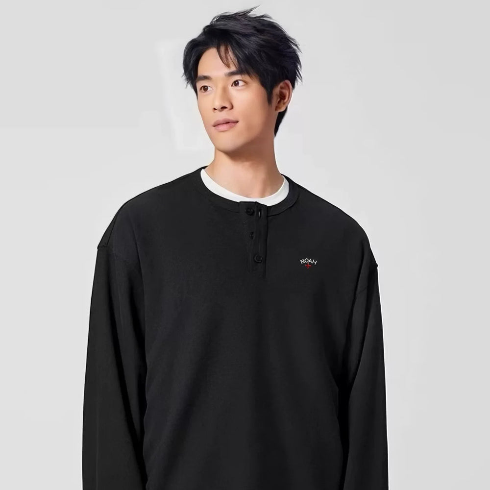 NOAH MARS American casual embroidery small logo cross, new and old money style versatile Henry collar long sleeved T-shirt for men