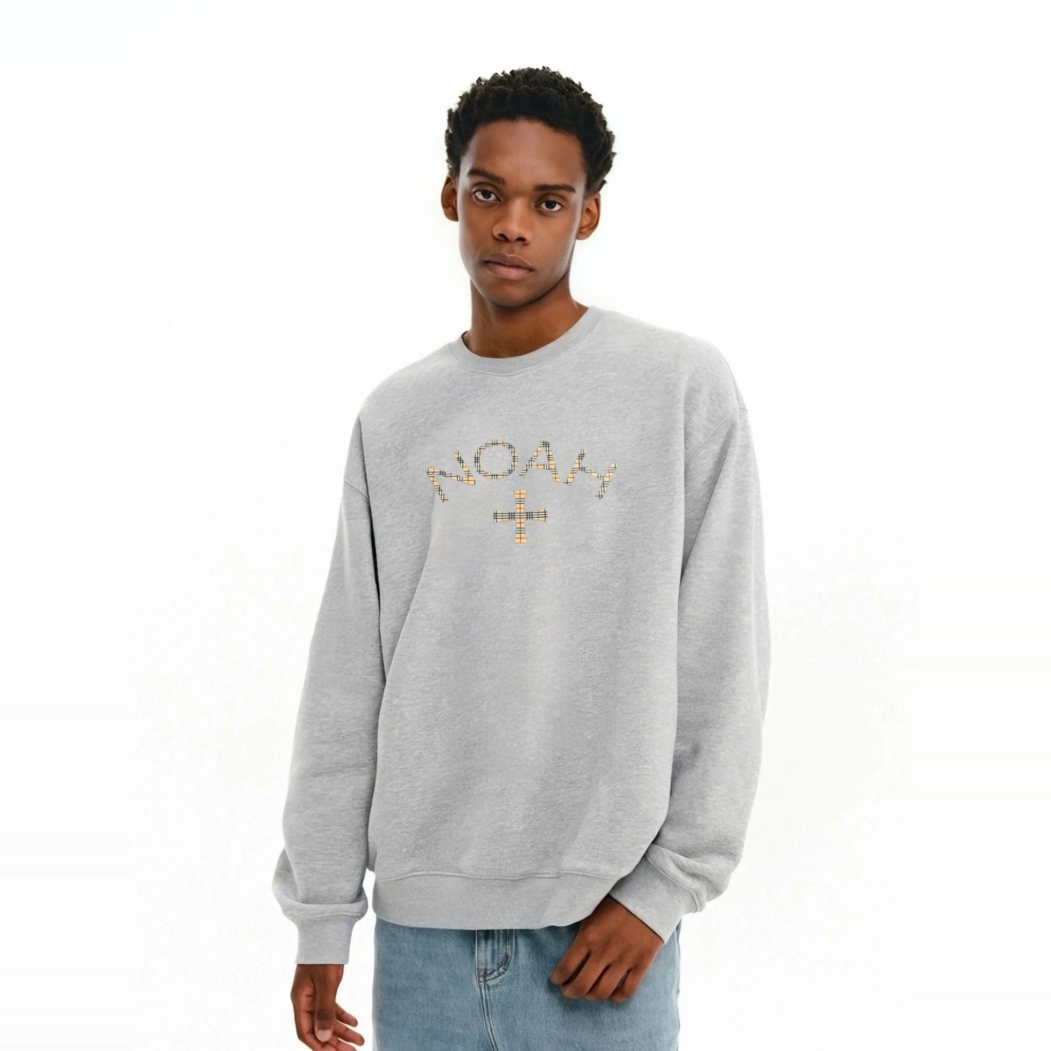 NOAH MARS niche trendy brand checkered cross American casual men's threaded splicing round neck sweatshirt
