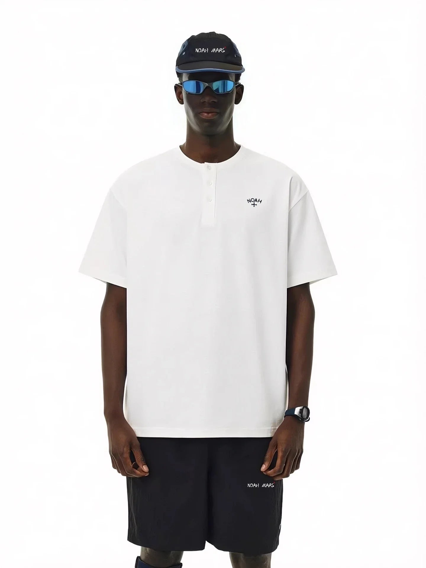 NOAH MARS Henry collar embroidered small logo cross American casual old money style antibacterial cotton short sleeved T-shirt for men