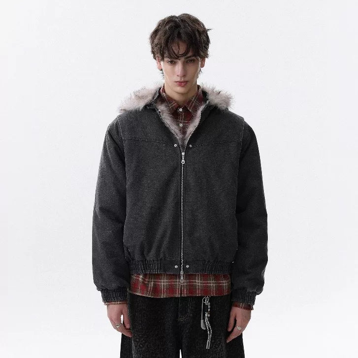 NOAH MARS American retro mountain carved fur collar detachable hooded cotton jacket men's winter loose warm jacket