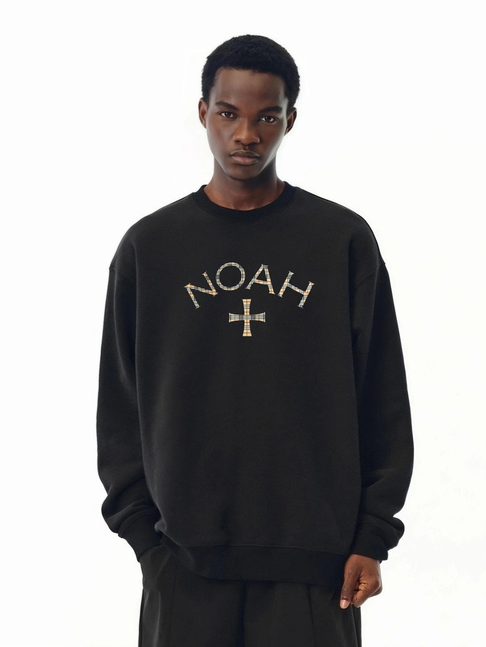 NOAH MARS niche trendy brand checkered cross American casual men's threaded splicing round neck sweatshirt