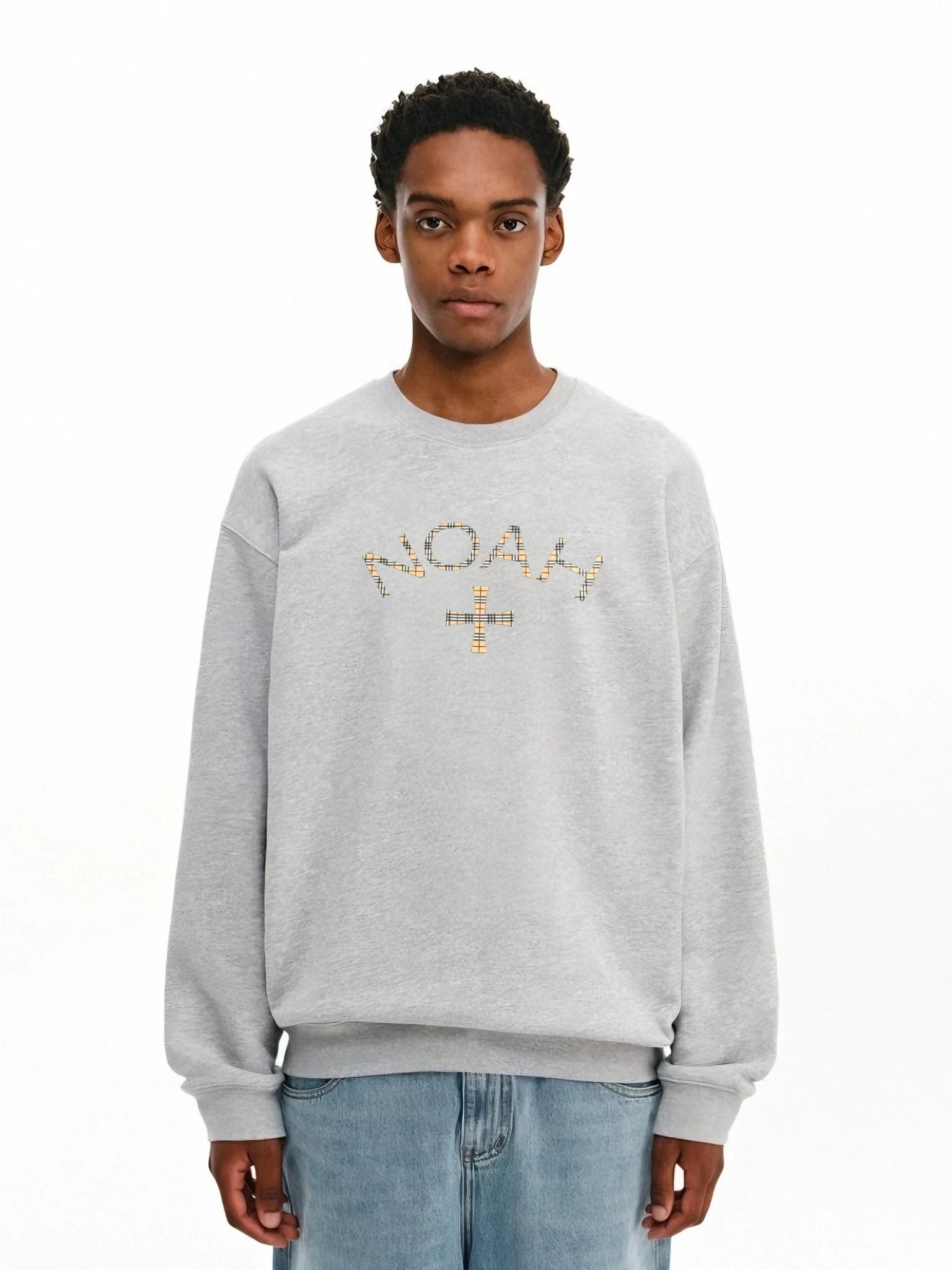NOAH MARS niche trendy brand checkered cross American casual men's threaded splicing round neck sweatshirt