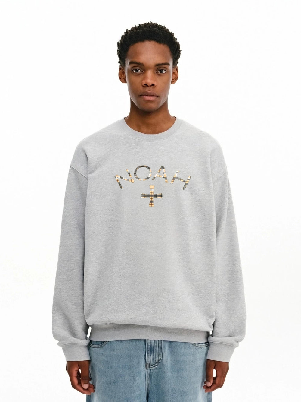 NOAH MARS niche trendy brand checkered cross American casual men's threaded splicing round neck sweatshirt