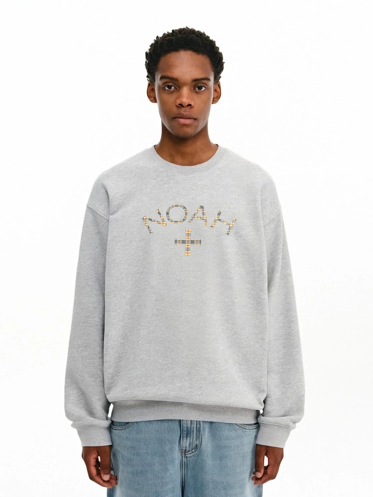 NOAH MARS niche trendy brand checkered cross American casual men's threaded splicing round neck sweatshirt