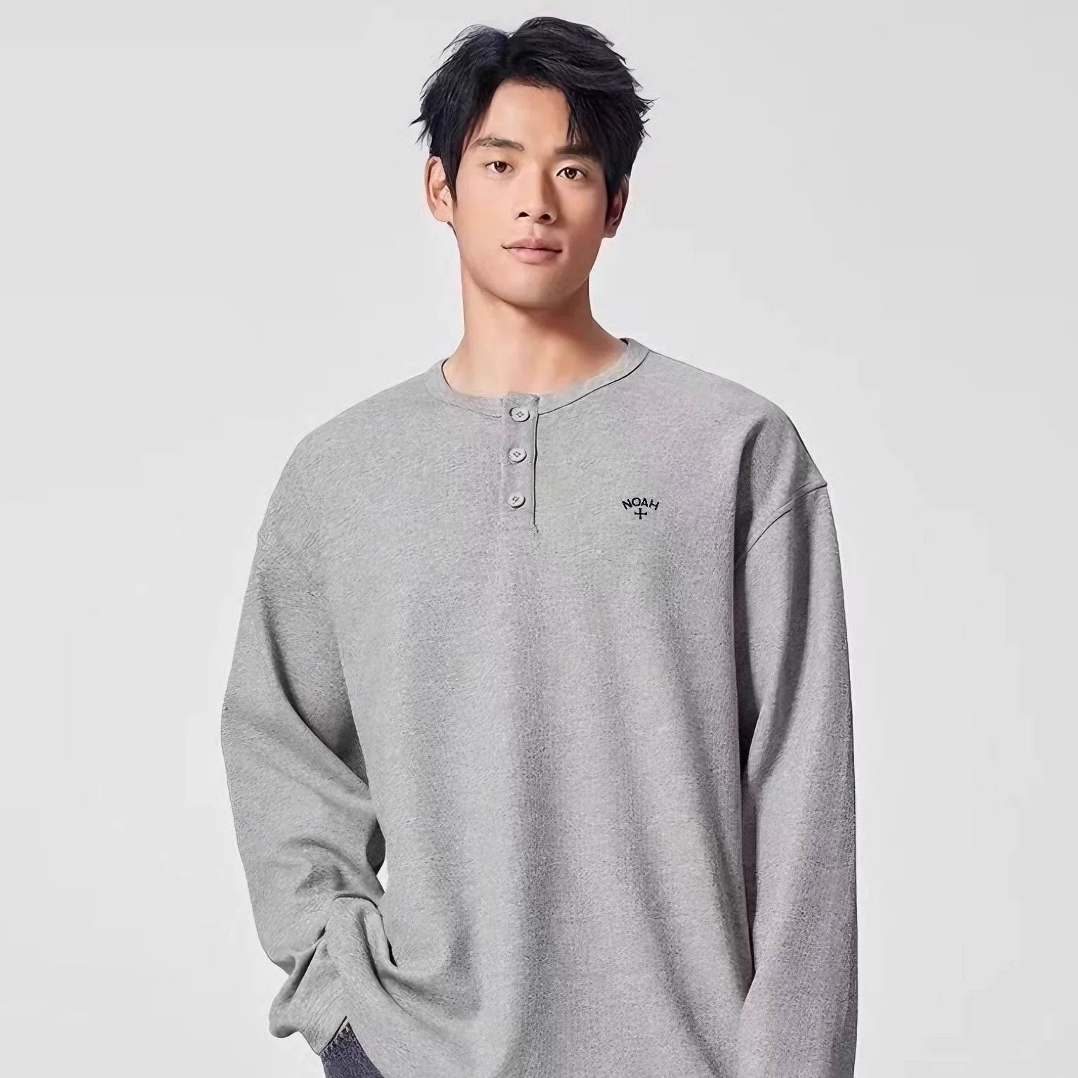 NOAH MARS niche trendy brand Black Soul embroidered cross old money style American casual Henry collar long sleeved T-shirt for men