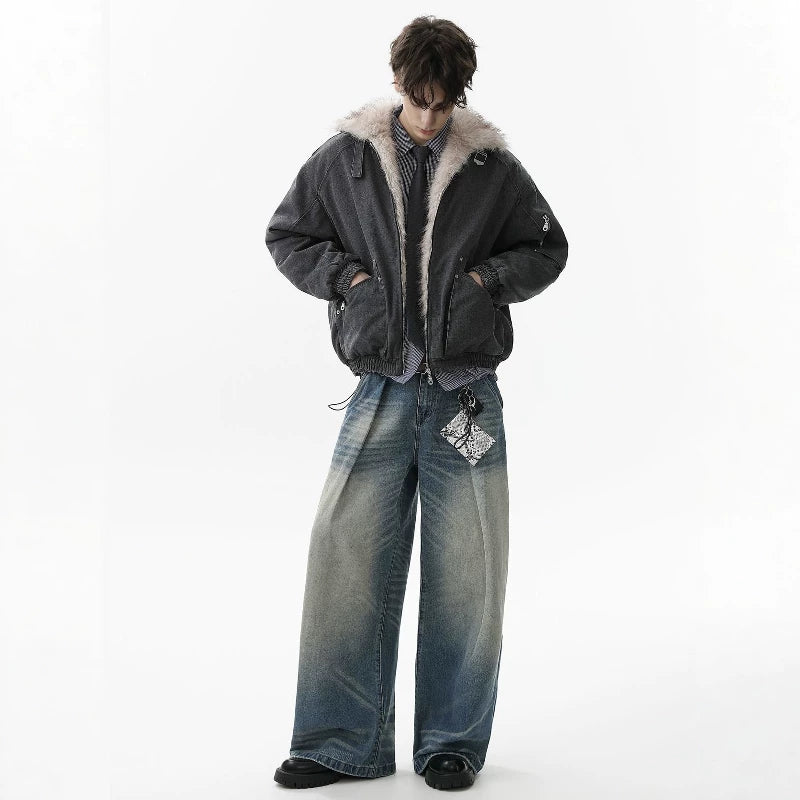 NOAH MARS American casual old money style stand up collar winter warm cotton coat seat mountain carved fur collar jacket cotton coat men