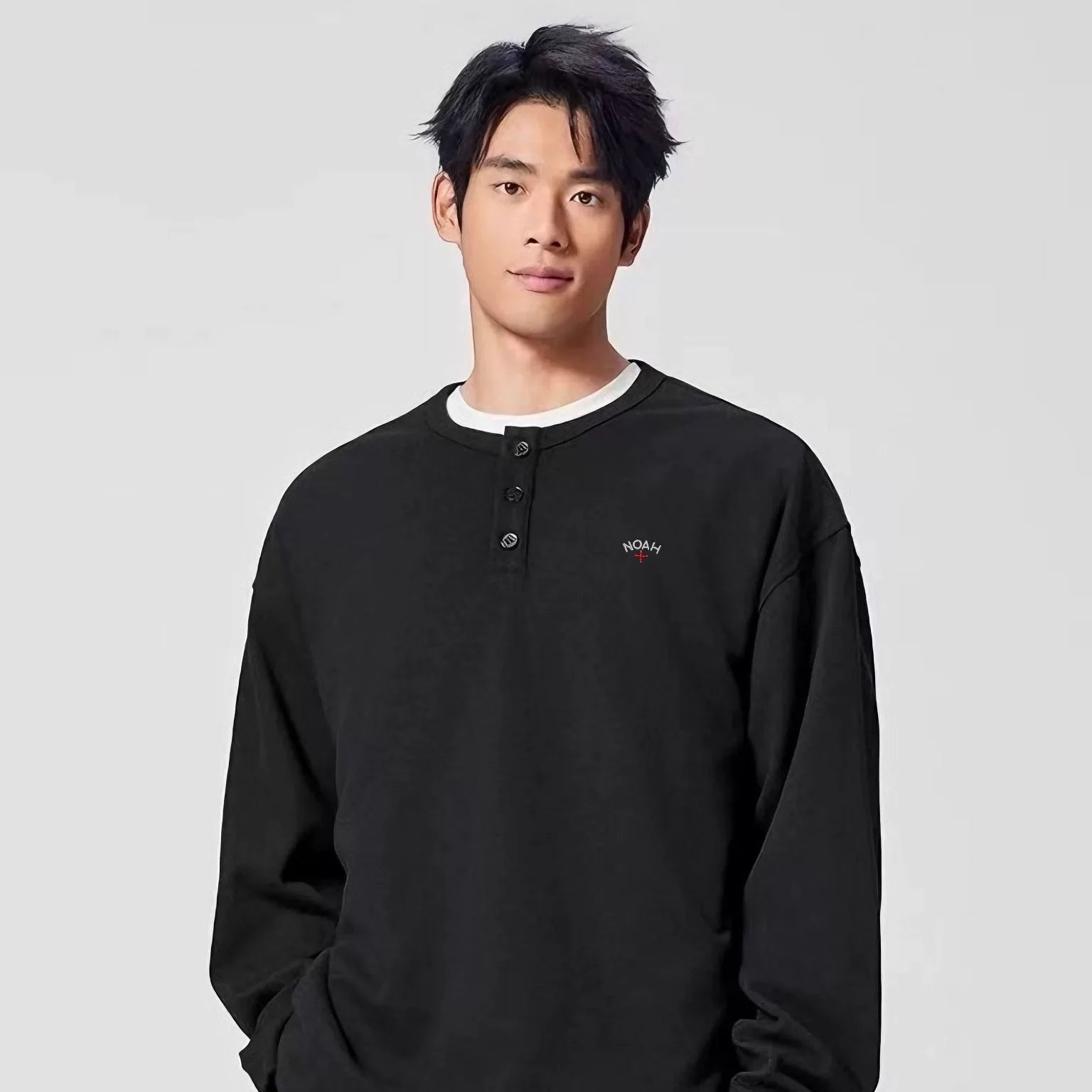 NOAH MARS niche trendy brand Black Soul embroidered cross old money style American casual Henry collar long sleeved T-shirt for men