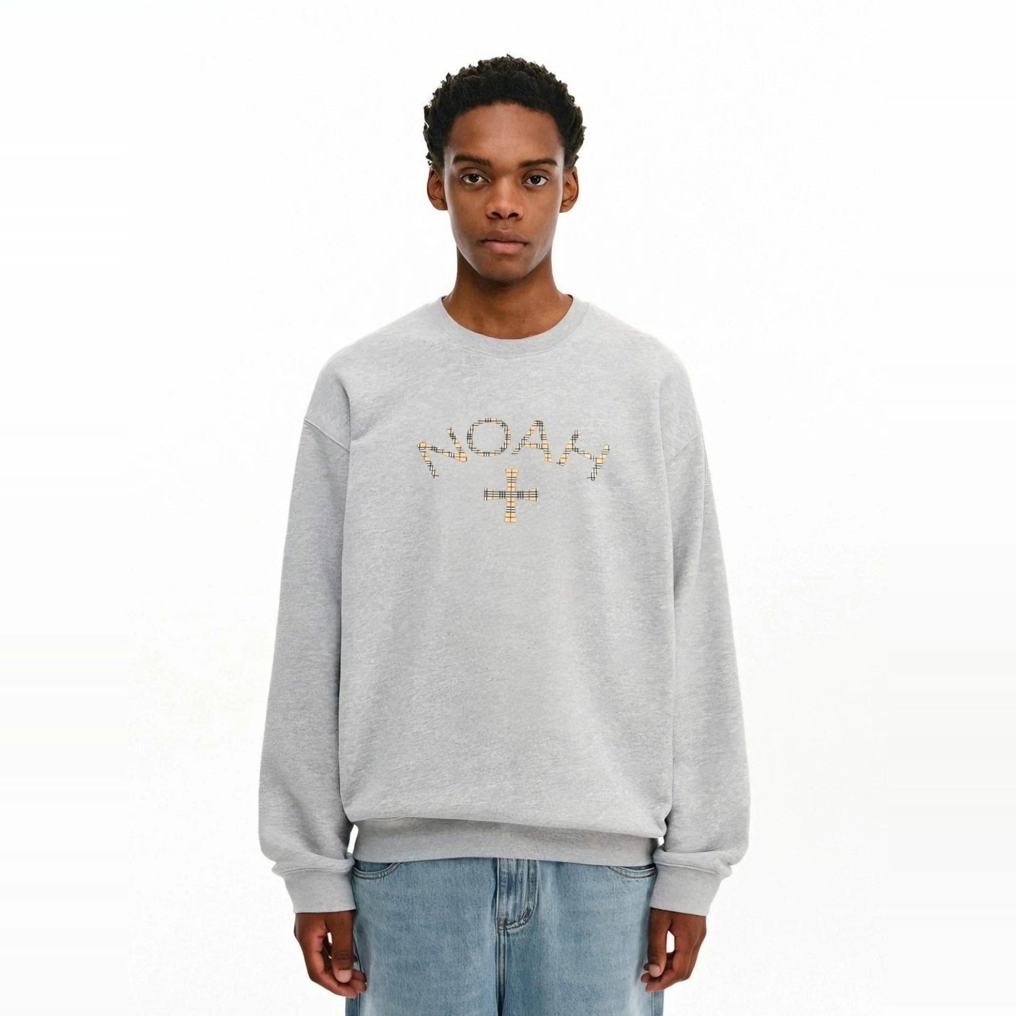 NOAH MARS niche trendy brand checkered cross American casual men's threaded splicing round neck sweatshirt