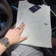 NOAH MARS American casual embroidery small logo cross, new and old money style versatile Henry collar long sleeved T-shirt for men