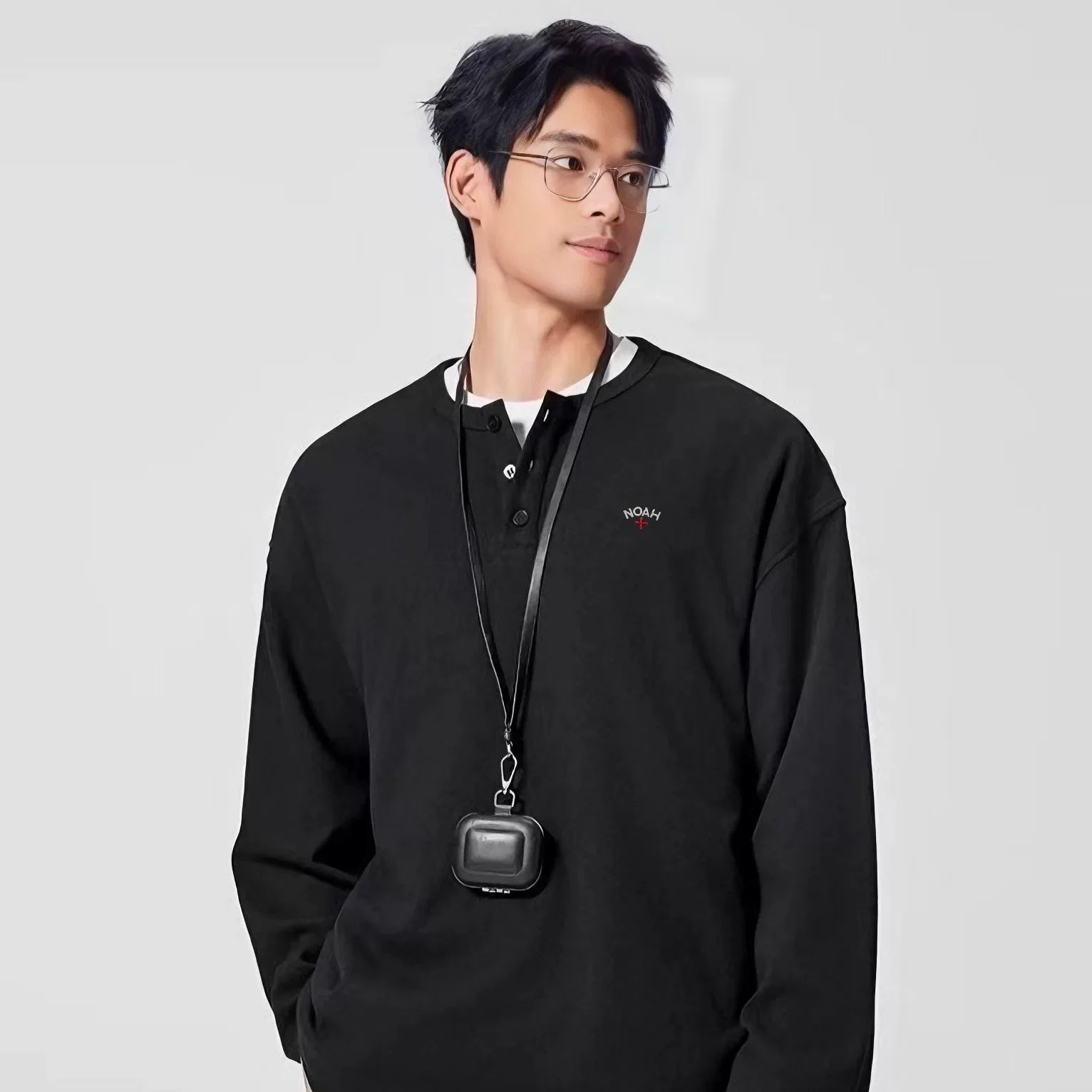 NOAH MARS American casual embroidery small logo cross, new and old money style versatile Henry collar long sleeved T-shirt for men