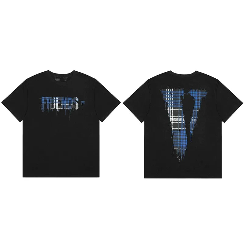 Vlone Plaid Drip Graphic T-Shirt - Black/Blue